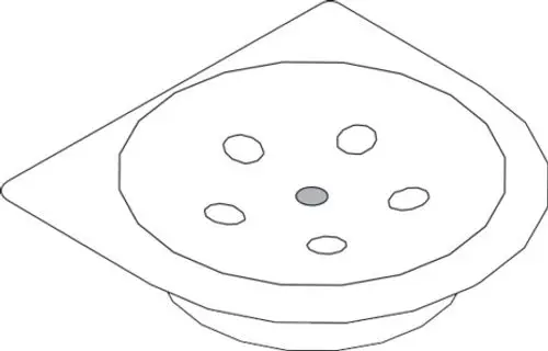 Seifenschale mit runder Form und mehreren Löchern, aus einem Material in neutralem Design, präsentiert das Logo von AXOR.